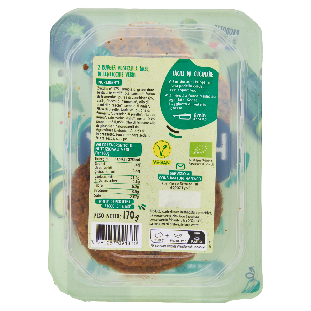 Hari&Co Burger Vegetali alle Lenticchie Verdi Zucchine & Menta Bio 170 g