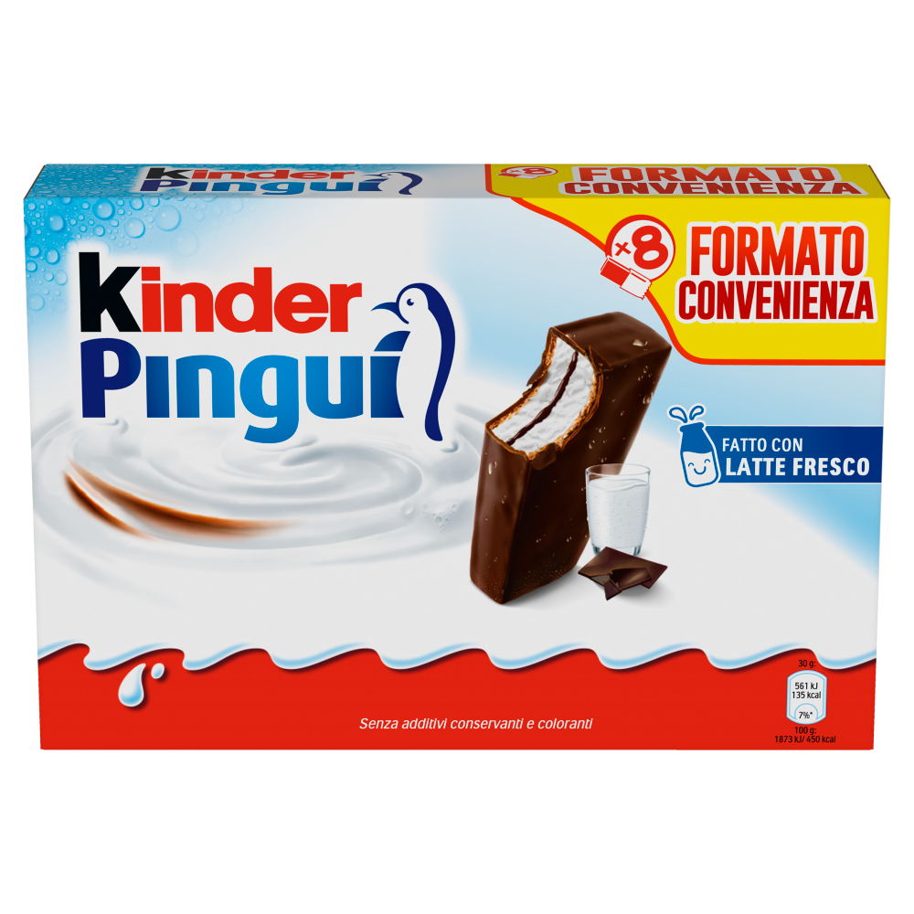 Kinder Pingu&igrave;: Merenda con pan di spagna, ripieno al latte e copertura al cioccolato fondente 8x30g
