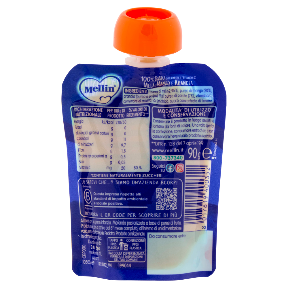 MELLIN Merenda di Frutta 100% con Carota, Arancia e Mango, a partire dal 6&deg; mese, Pouch 90 g