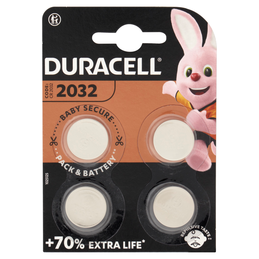 Duracell 2032 Batteria Bottone al Litio Specialistica 3V pacco da 4 pile con Tecnologia Baby Secure