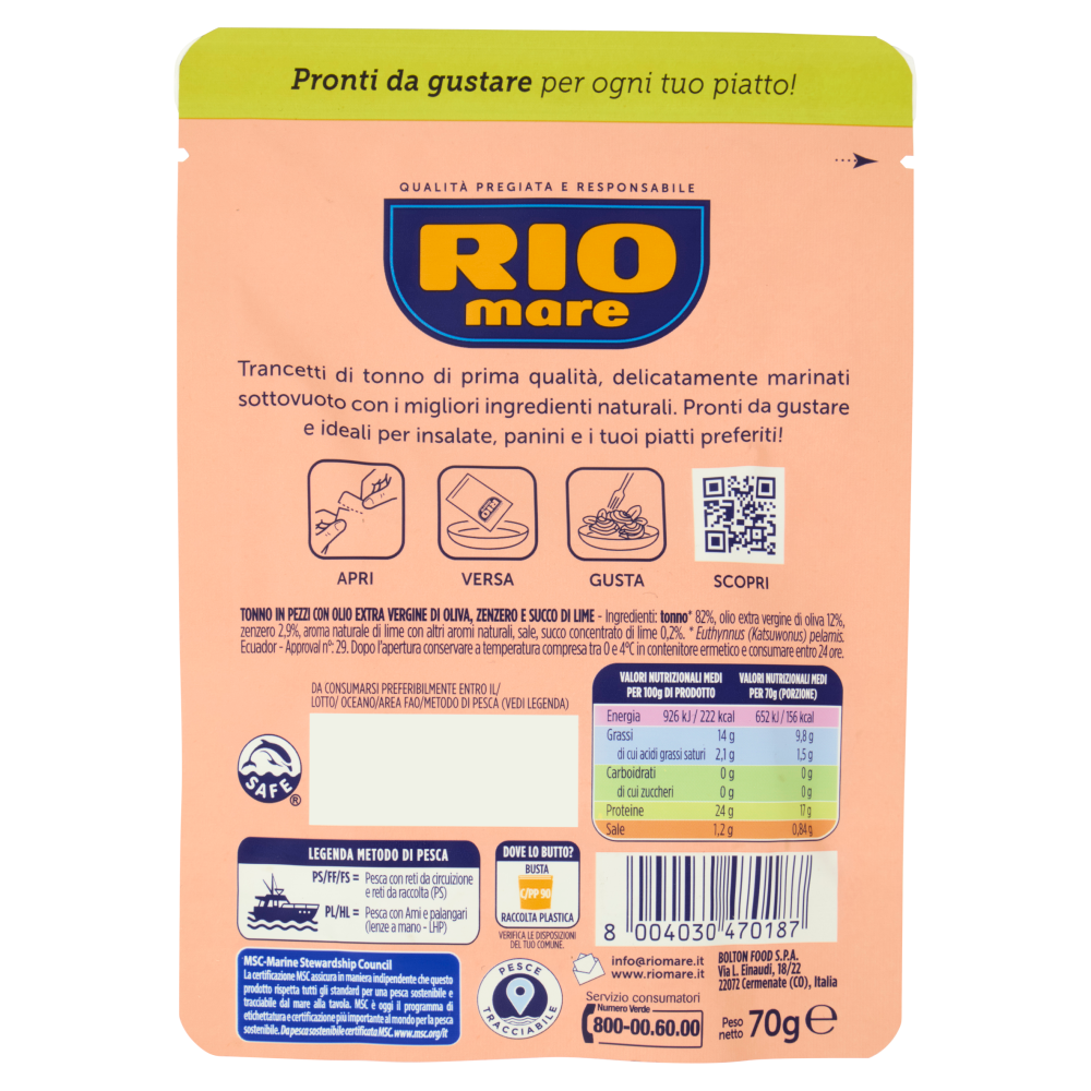 Rio mare Trancetti di Tonno con un filo di Olio Extra Vergine di Oliva e succo di Lime e Zenzero 70g