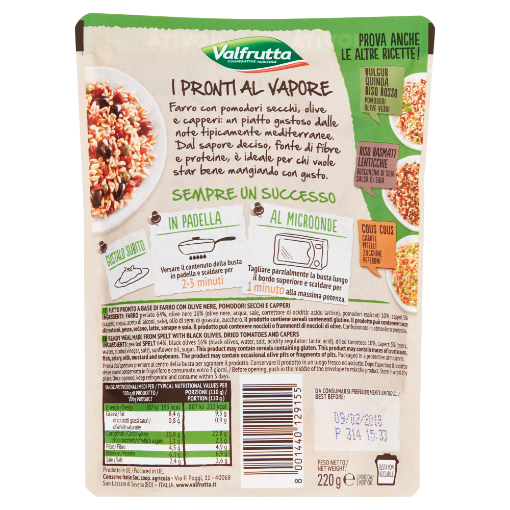 Valfrutta I Pronti al Vapore Farro, Olive Nere, Pomodori Secchi, Capperi 220 g