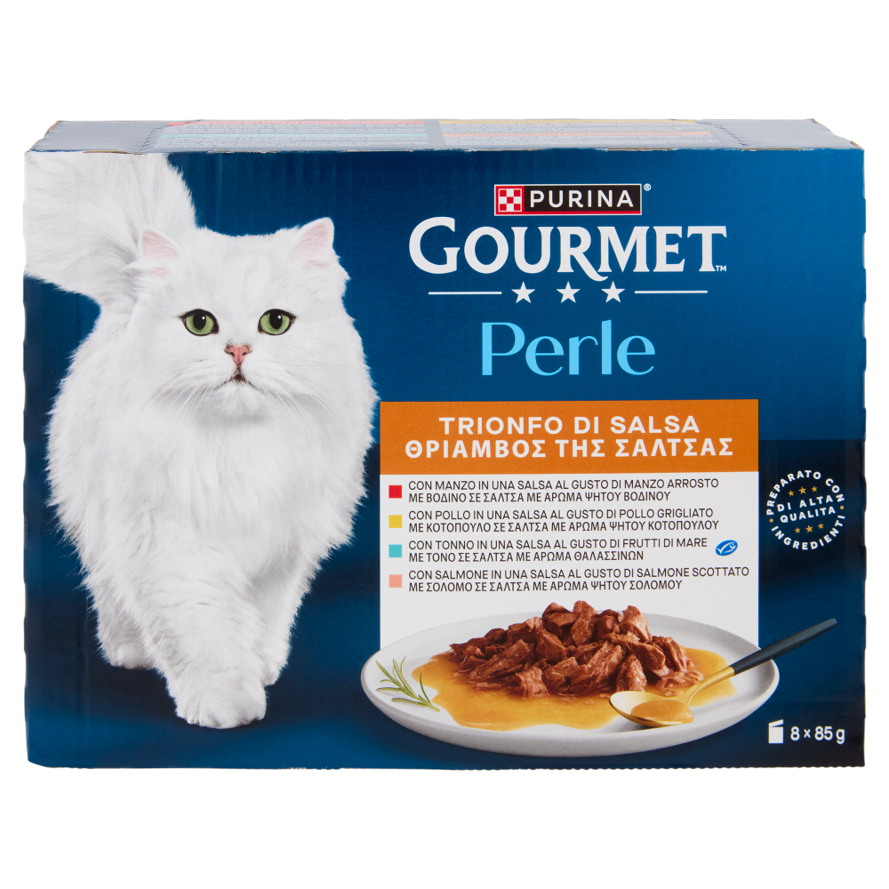 PURINA GOURMET Perle Trionfo di Salsa Manzo, Pollo, Tonno, Salmone 8x85g