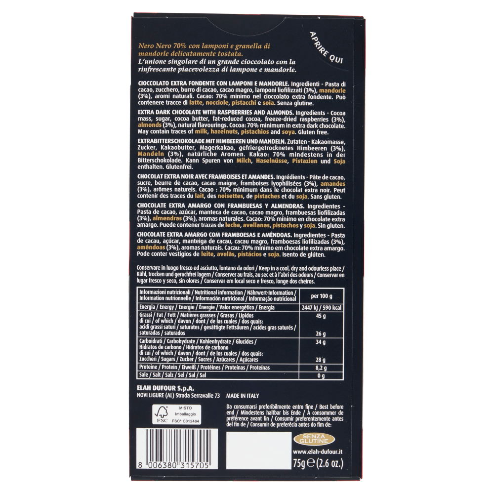 Novi NeroNero 70% Cacao Lampone 75 g