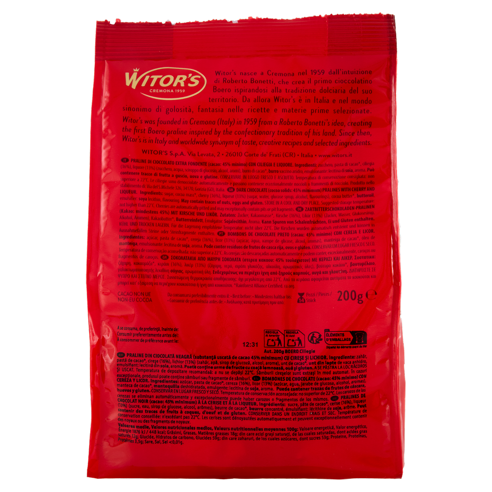 Witor's il Boero Originale Cioccolato Extra Fondente con Ciliegia Italiana 200 g