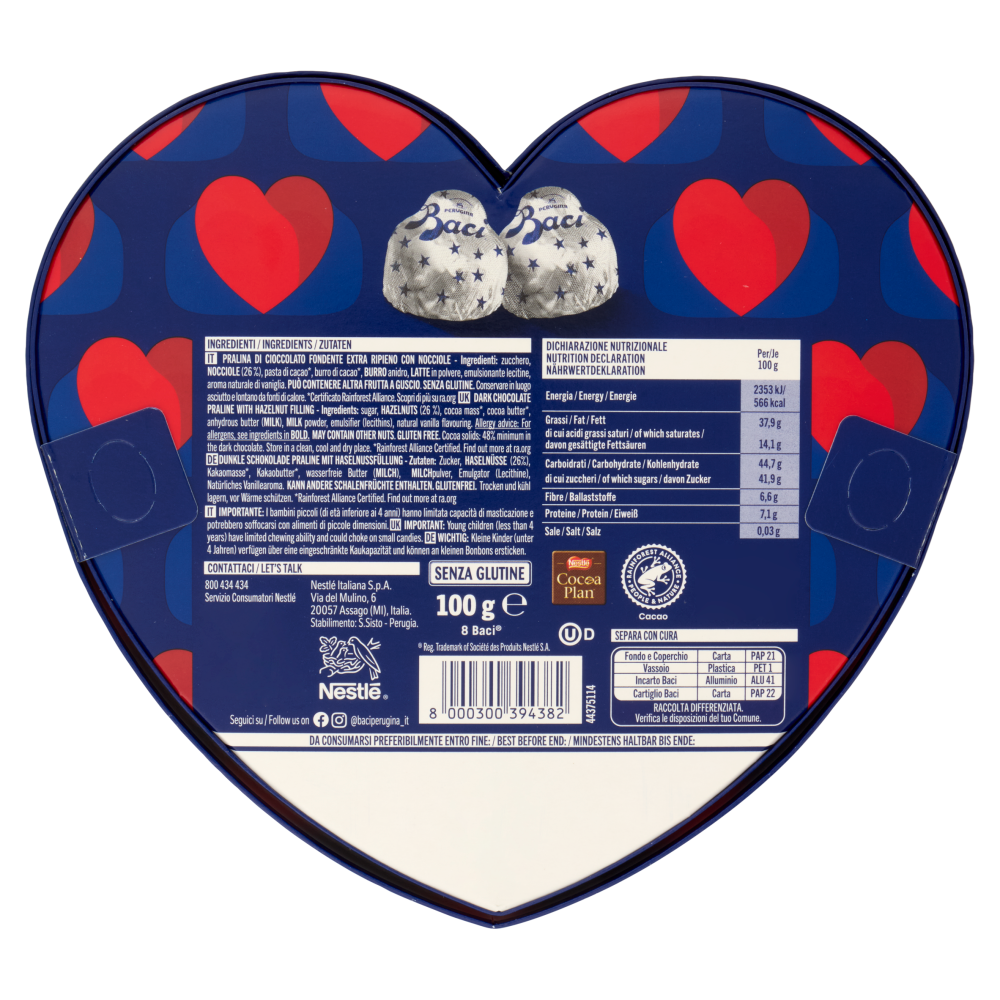 BACI PERUGINA Classico Cioccolatini Fondenti ripieni al Gianduia Scatola Cuore San Valentino 100g
