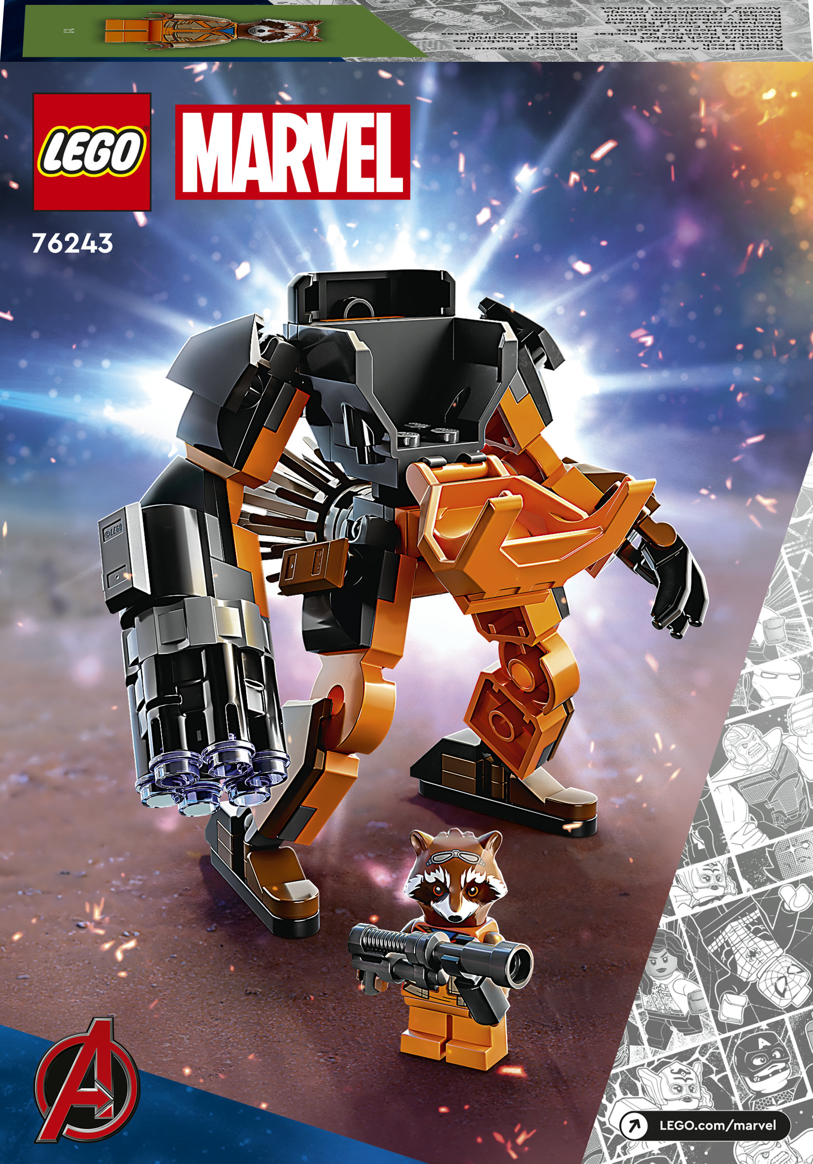 LEGO Marvel Avengers Marvel 76243 Armatura Mech Rocket, Action Figure Supereroe Guardiani della Galassia, Idea Regalo Avengers per Bambini