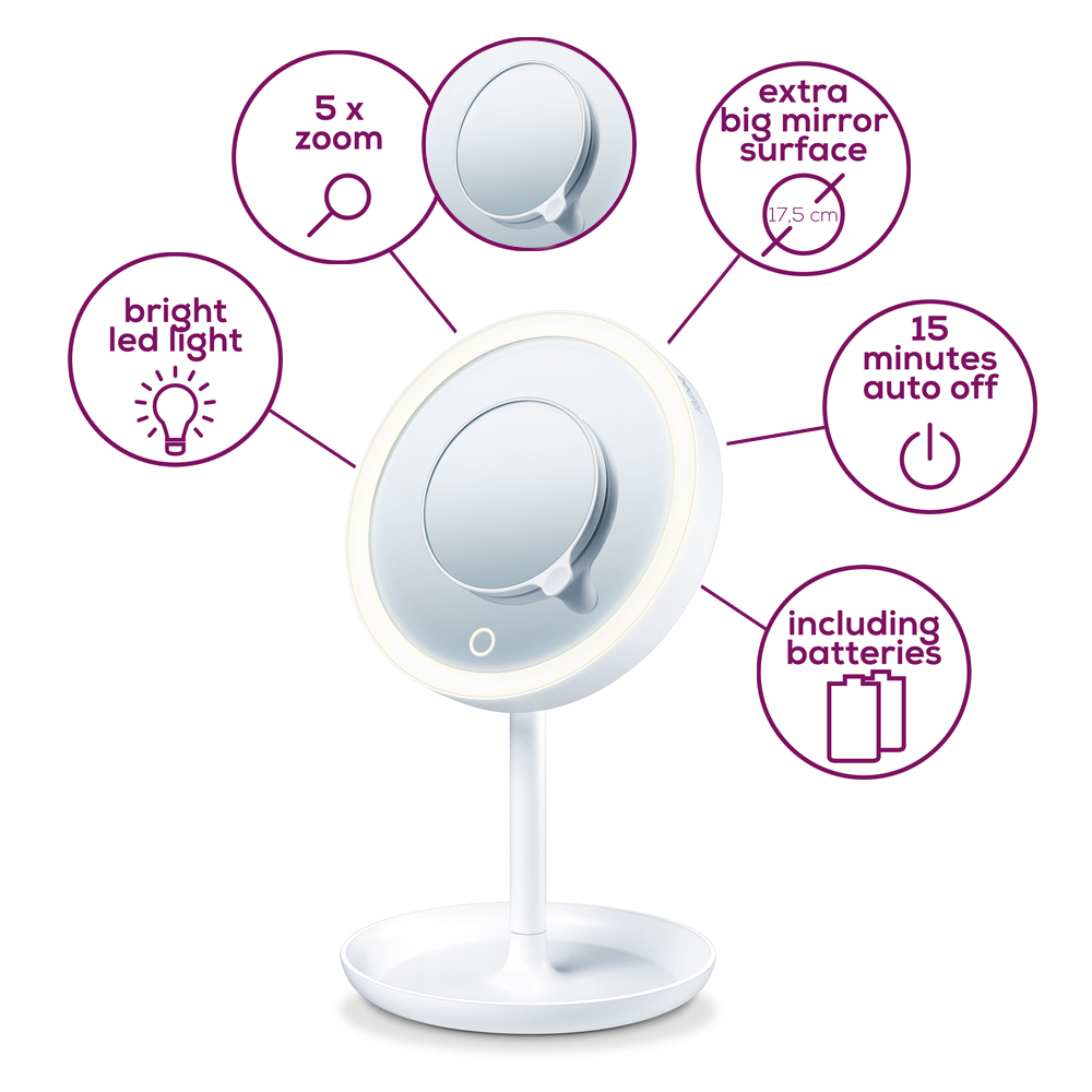 Beurer BS 45 Specchio Cosmetico con Illuminazione LED Regolabile, Ingrandimento 5X e Base Porta Oggetti - 40 g
