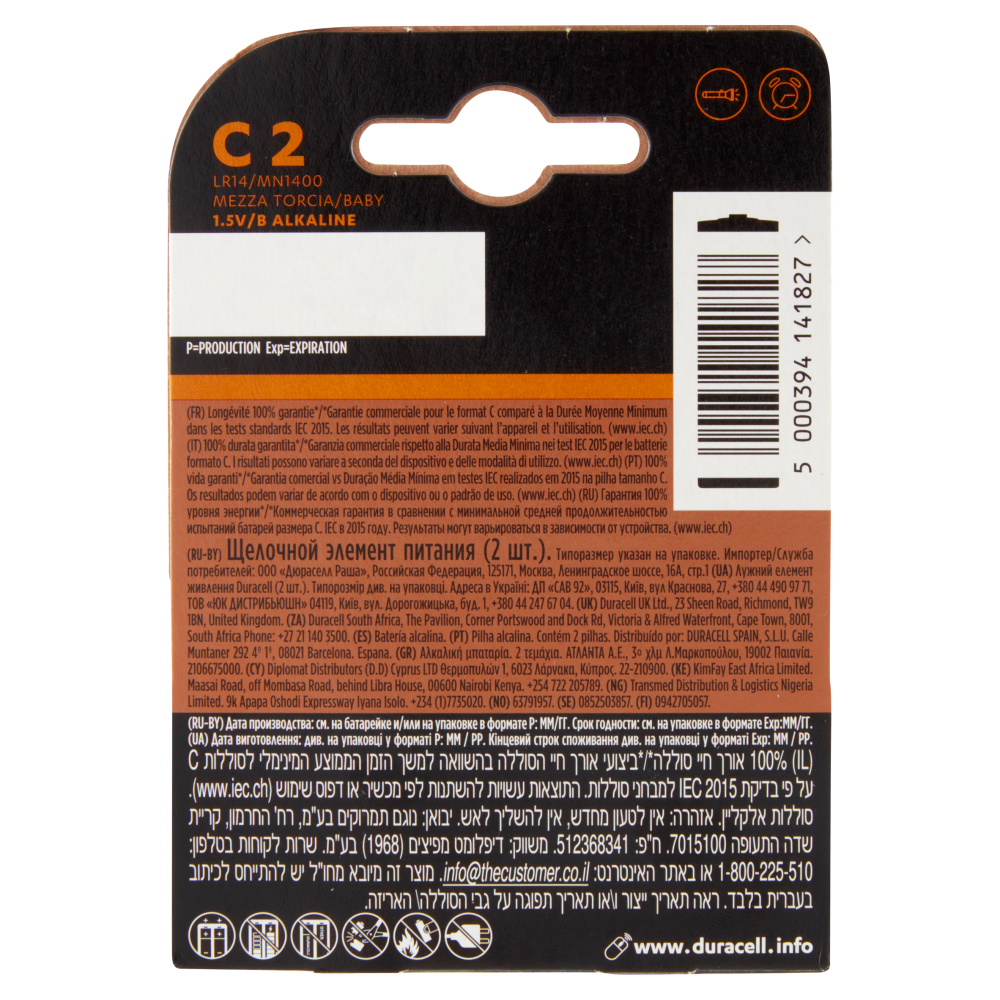 Duracell Plus C Batterie Mezza-Torcia Alcaline 1.5V LR14 MX1400 confezione da 2 Pile Duracell