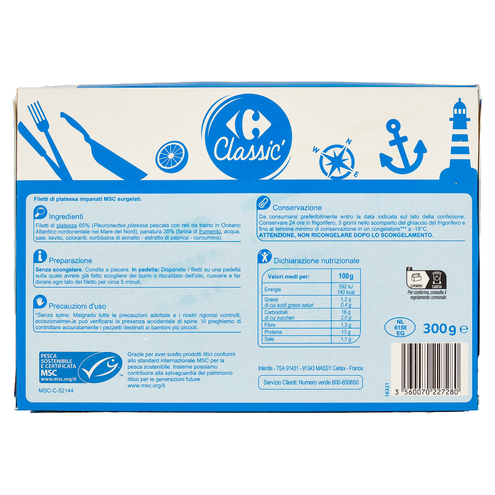 Carrefour Classic Filetti di Platessa Impanati Senza Spine* Surgelato 300 g