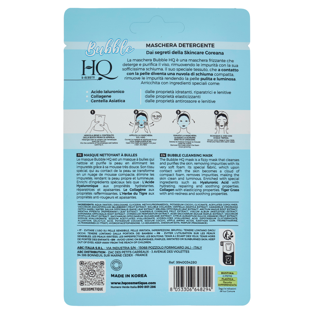 HQ K-Beauty Maschera Bubble Attivi: Acido Ialuronico - Collagene 