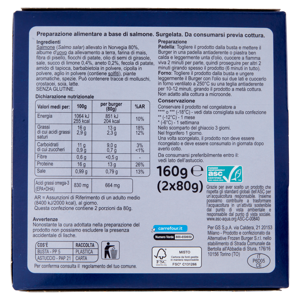 Carrefour Extra Burger di Salmone Surgelati con limone e aneto 2 x 80 g