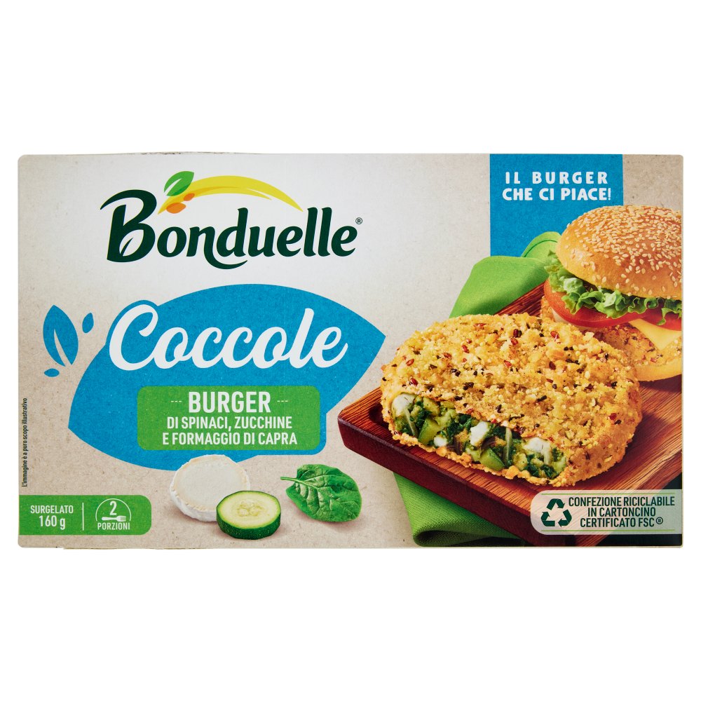 Bonduelle Coccole Burger di Spinaci, Zucchine e Formaggio di Capra Surgelato 160 g