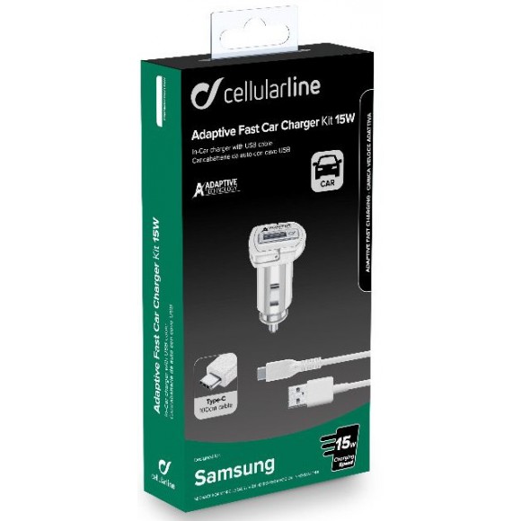 Cellularline Adaptive Fast Car Charger Kit 15W - USB-C - Samsung Caricabatterie da auto adattivo Fast Charger 15W con cavo USB-C