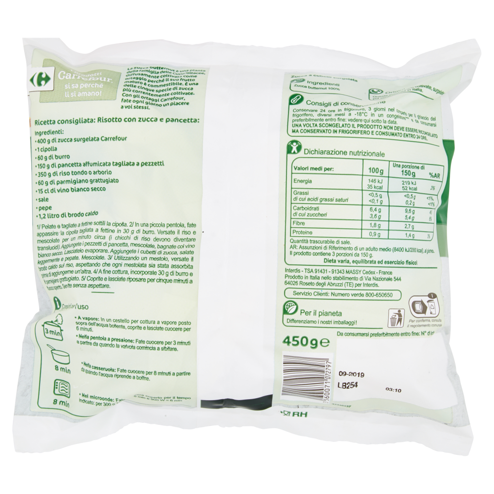 Carrefour Zucca a Cubetti Surgelato 450 g