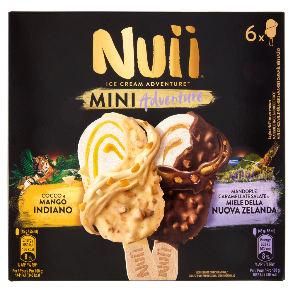 NUII Mini Adventure Cocco-Mango Indiano,Mandorle Caramell. Salate-Miele Nuova Zelanda 6 Gelati 264g