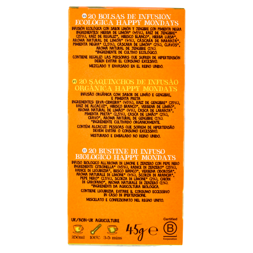 CUPPER Happy Mondays Infuso Bio con Limone, Zenzero e Pepe Nero, Tisana Speziata, 20 Bustine 45 g