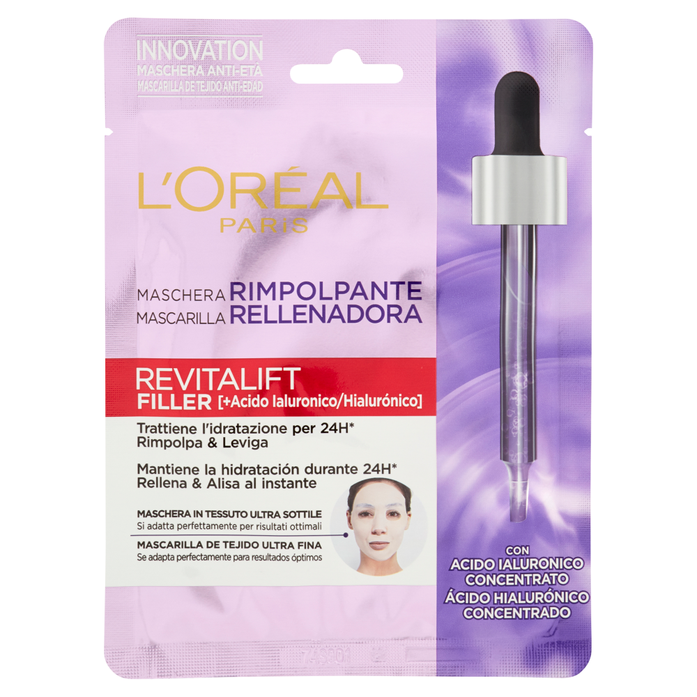 L'Oréal Paris Maschera in tessuto Revitalift Filler rimpolpanti anti-età con Acido Ialuronico