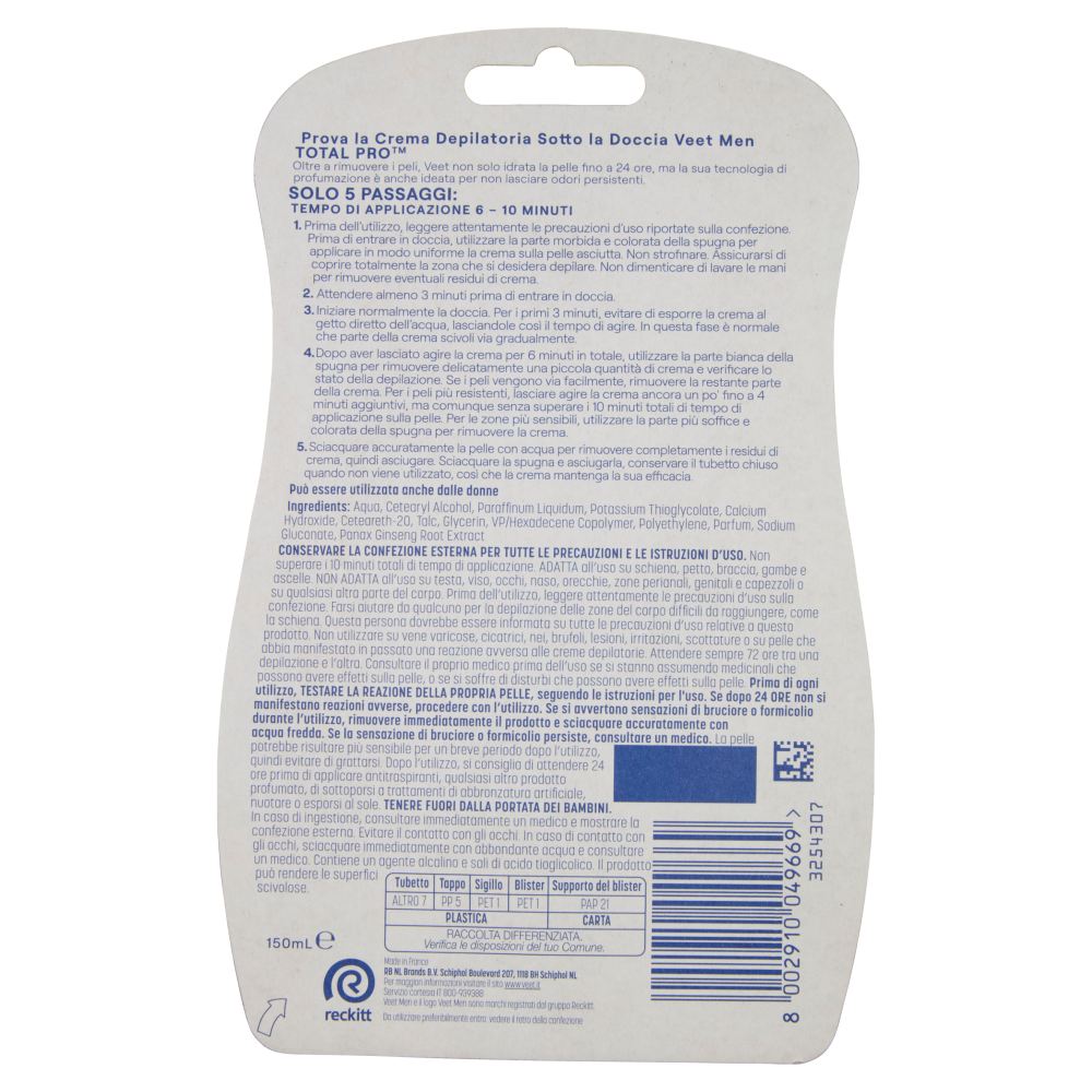 Veet Men Crema Depilatoria Sotto la Doccia Petto e Corpo Pelli Sensibili 150 ml