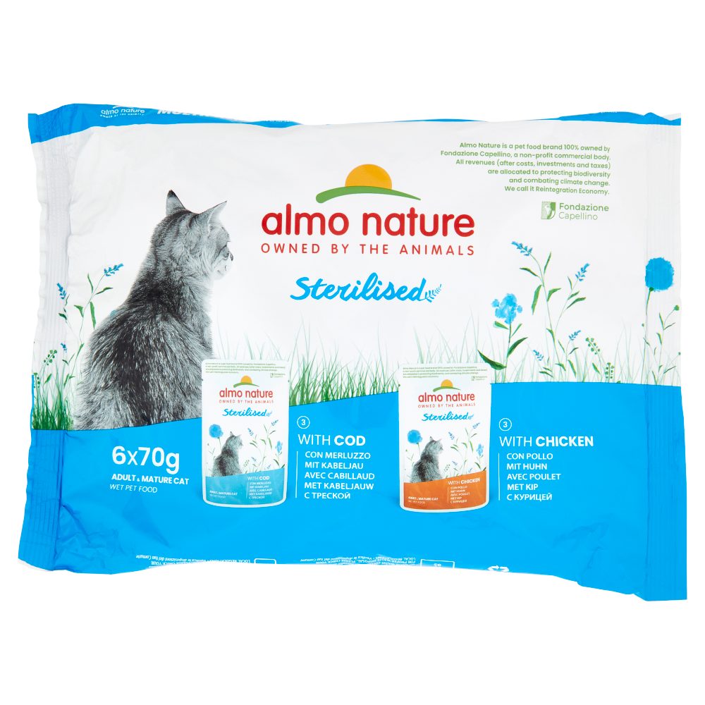 almo nature Sterilised Adult & Mature Cat 3 con Merluzzo, 3 con Pollo 6 x 70 g