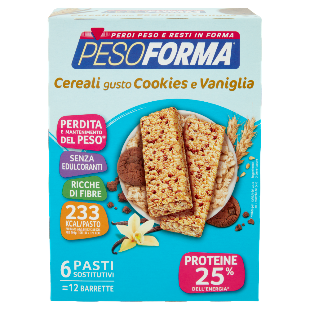 Pesoforma Cereali gusto Cookies e Vaniglia, barrette sostitutive del pasto, 12 x 31 g