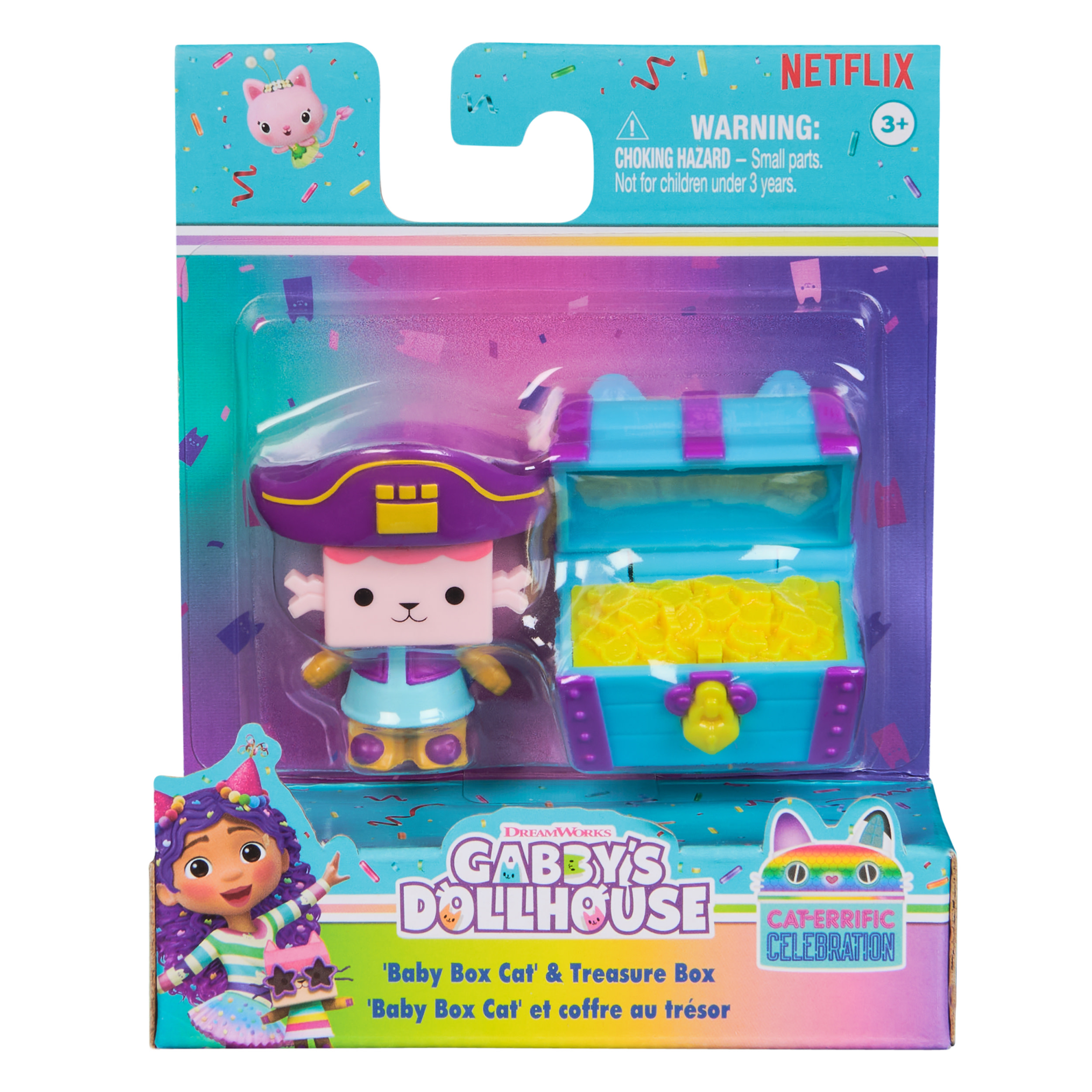 Gabby's Dollhouse , Baby Box Cat e scrigno del tesoro, set con personaggio e accessorio per la casa delle bambole, giocattoli per bambine e bambini dai 3 anni in su