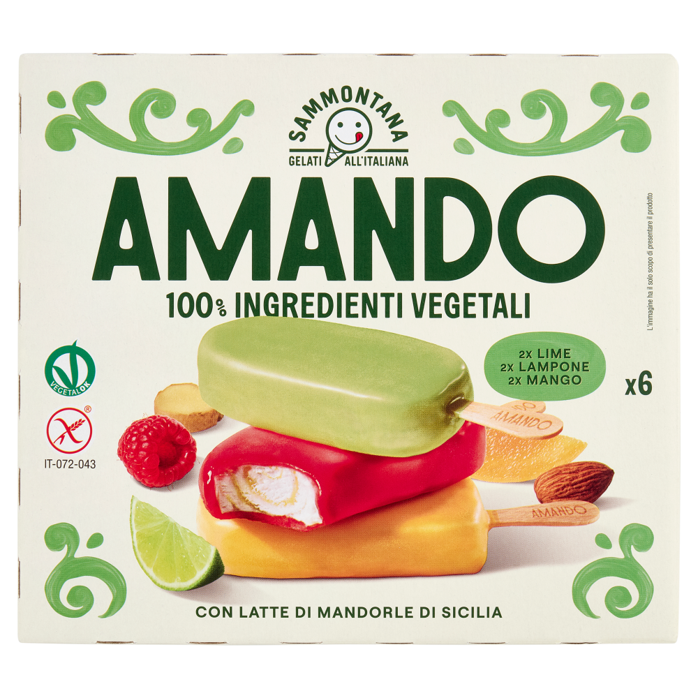 Sammontana Amando 6 Stecchi alla Vaniglia, Variegato Lime e Zenzero, Copertura Sorbetto Frutta 6x55g