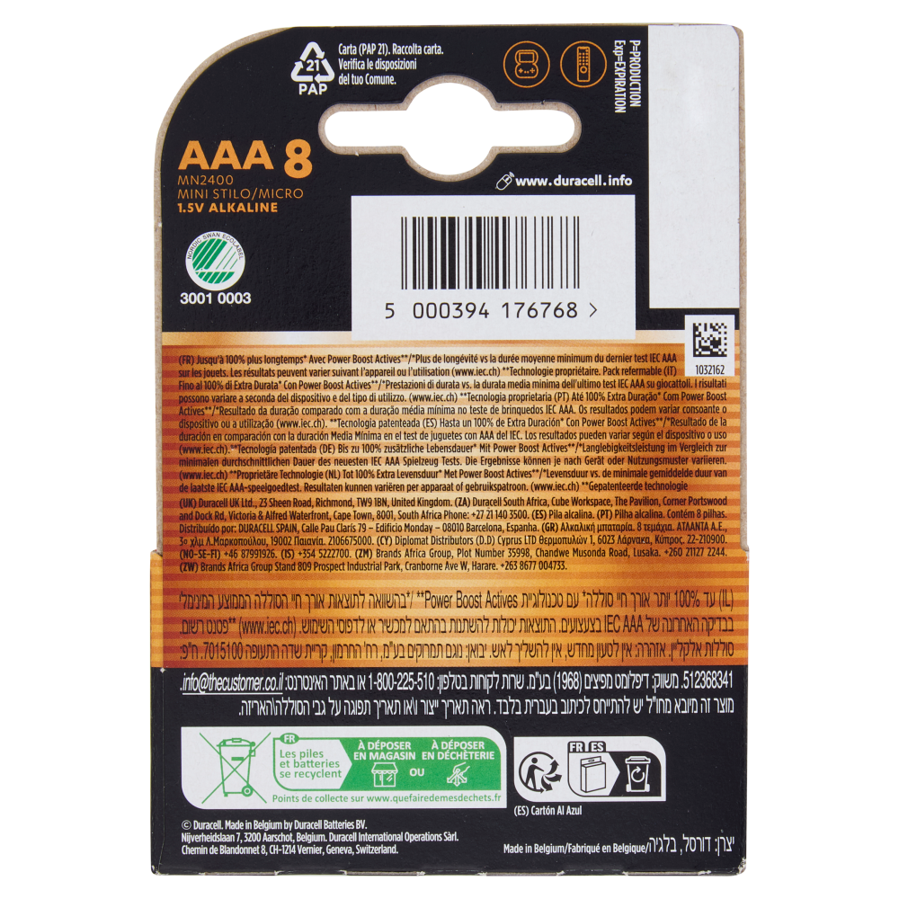 Duracell Plus AAA 8 Mini Stilo / Micro Alcalina 1.5V MN2400 8 pz