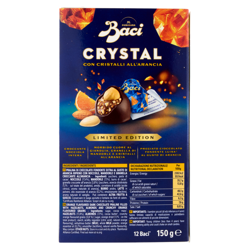 BACI PERUGINA Crystal Cioccolatini Fondenti all'Arancia ripieni al Gianduia Scatola 150g