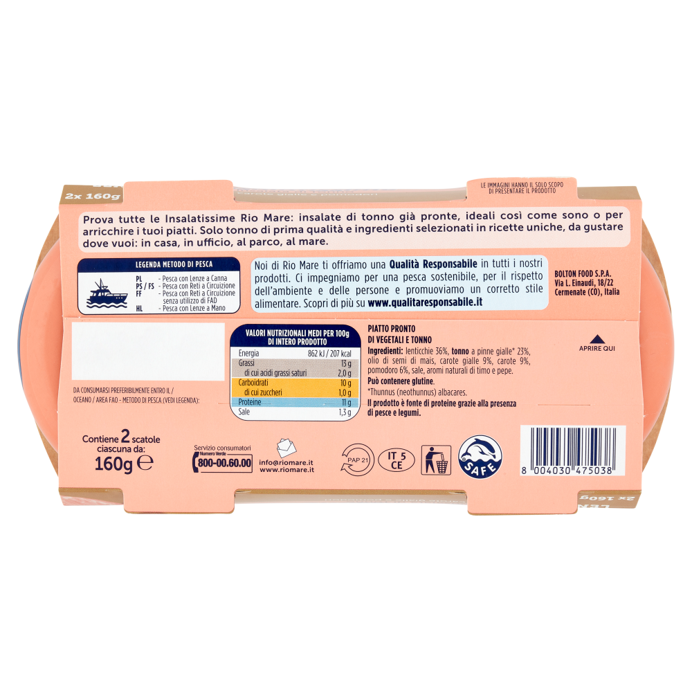 Rio mare Insalatissime Insalata di Tonno Lenticchie con carote gialle e pomodori 2 x 160 g