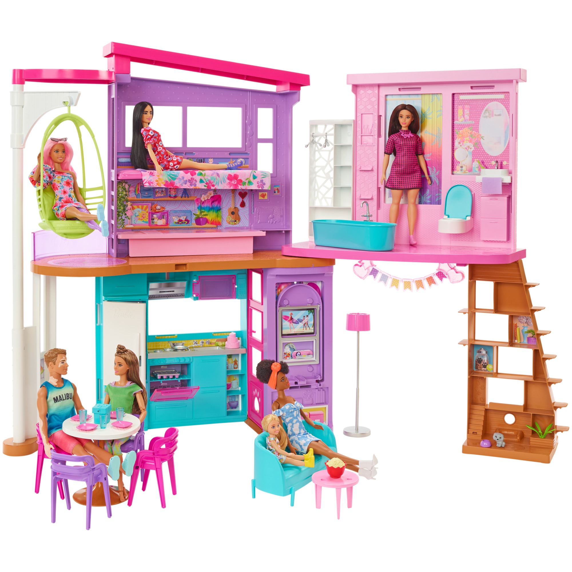 Barbie Casa di Malibu (106 cm) playset casa delle bambole con 2 piani, 6 stanze, ascensore altalena e più di 30 pezzi, Giocattolo per Bambini 3+ Anni