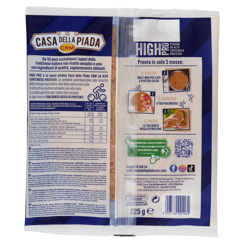 Casa della Piada High Pro Piadina ad Alto Contenuto Proteico 3 Piadine 225 g