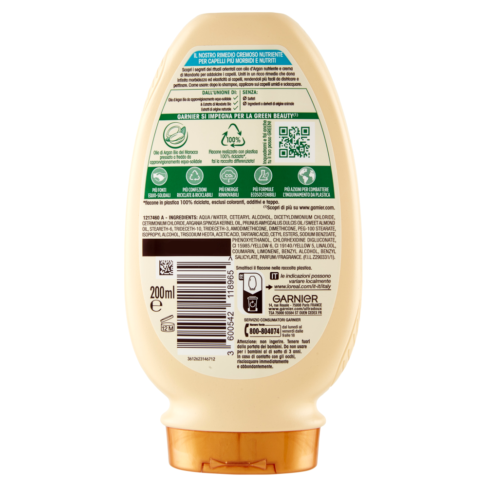 Garnier Ultra Dolce Balsamo capelli crema di Mandorla e Olio d'argan per capelli molto secchi, 200ml