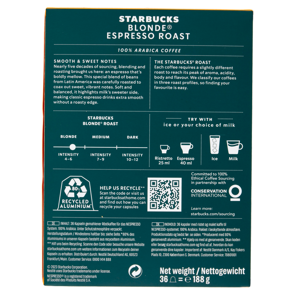 STARBUCKS Blonde Espresso Roast By Nespresso Caffè Espresso 36 capsule 188 g