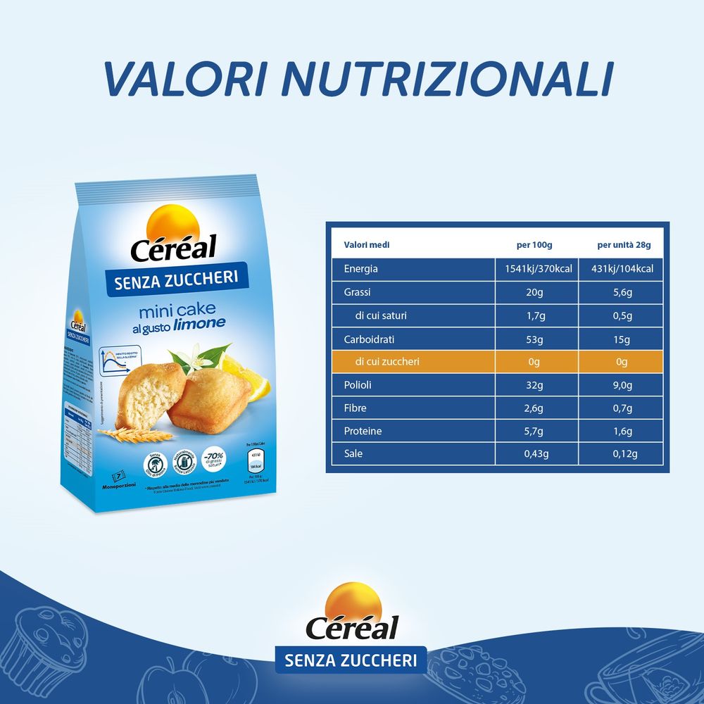 Cereal Senza Zuccheri Mini Cake, Gusto Limone, 7 monoporzioni - 196g