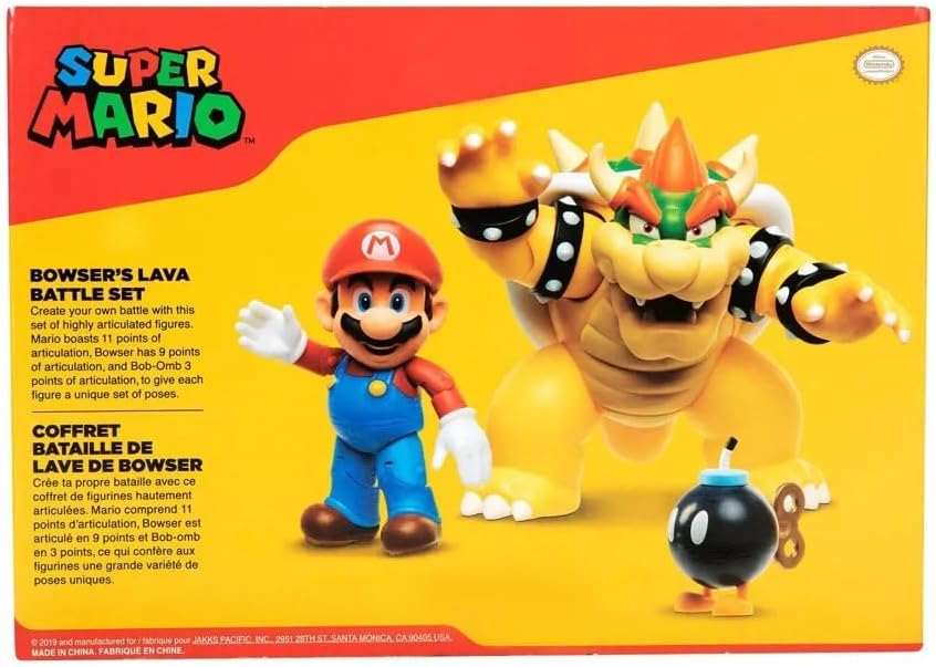 Super Mario Playset Nintendo Mario vs. Bowser: Battaglia nella Lava 7" / 18 cm, con licenza ufficiale , action figure articolate di Bowser, Mario e Bob-Omb. Perfetto per bambini dai 3 anni in su.