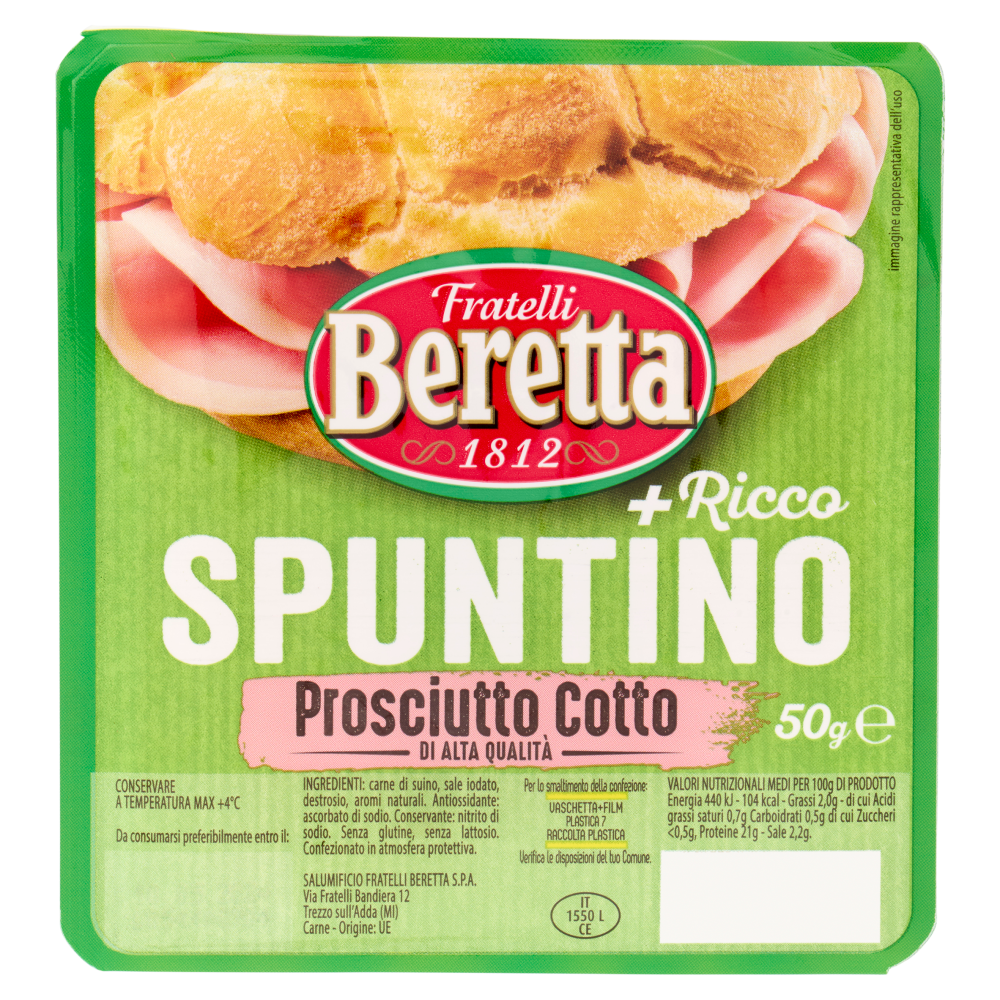 Fratelli Beretta Spuntino + Ricco Prosciutto Cotto di Alta Qualità 50 g