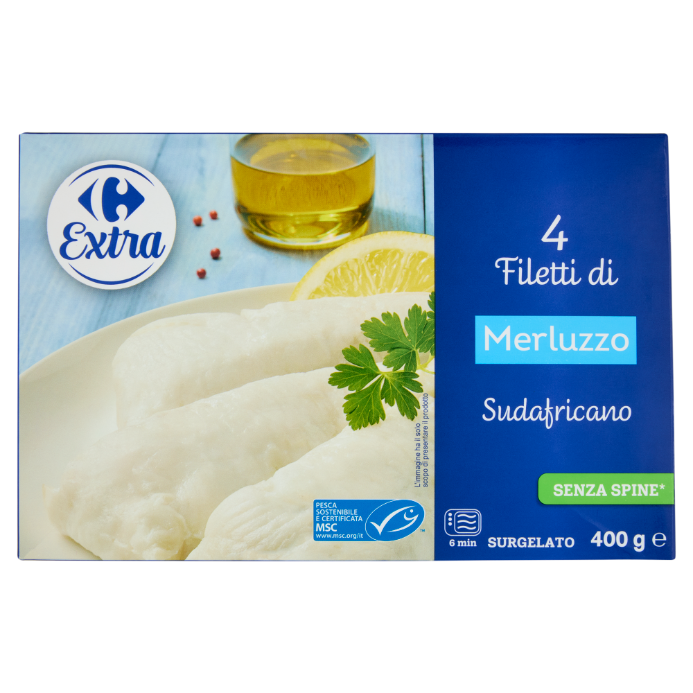Carrefour Extra 4 Filetti di Merluzzo Sudafricano Senza Spine* Surgelato 400 g