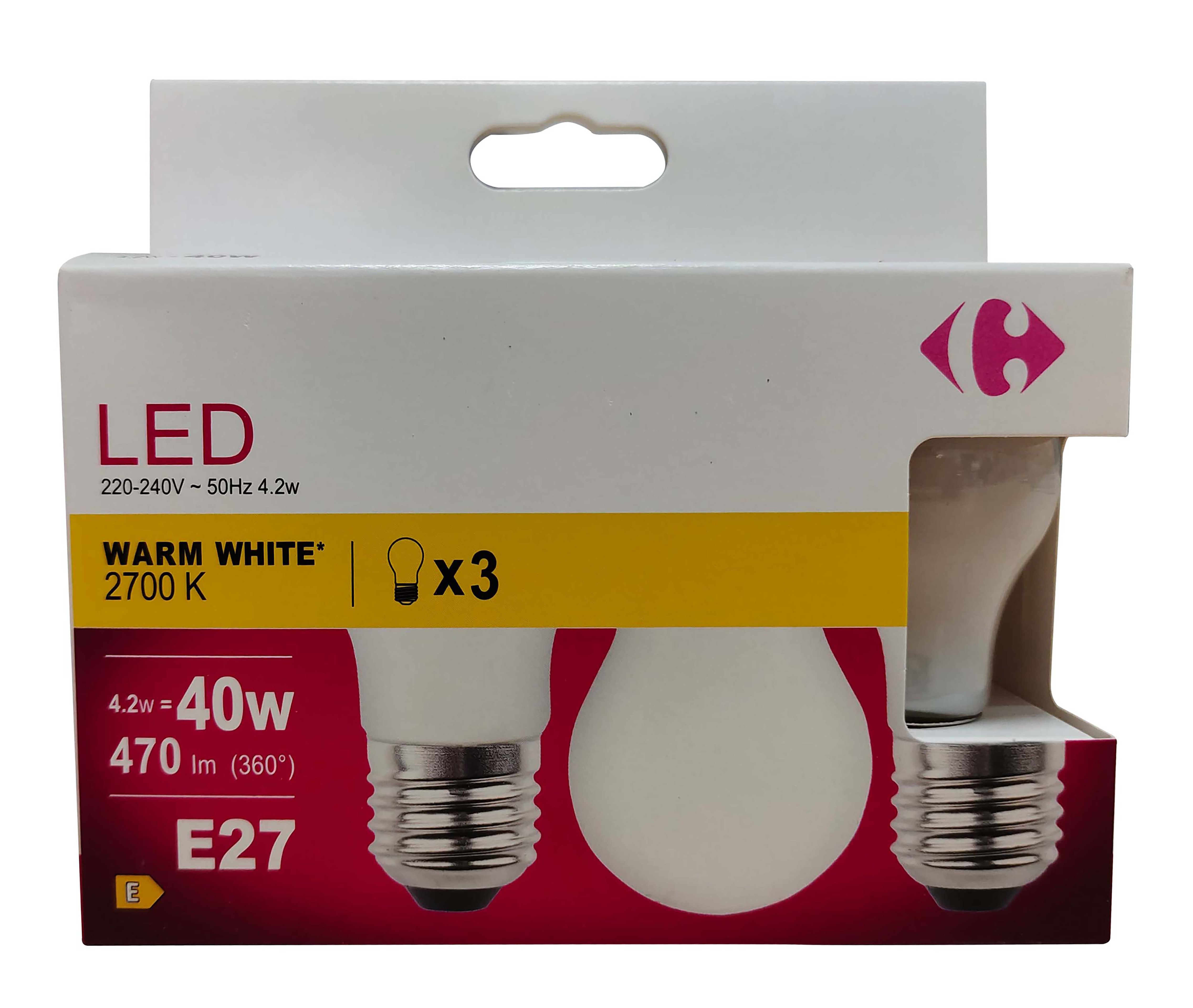Carrefour 3 led sferica 40W, attacco E27, luce calda