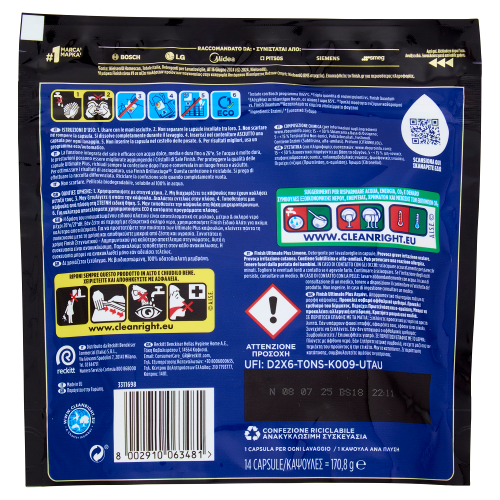 Finish Ultimate Plus Limone pastiglie lavastoviglie 14 lavaggi 170,8 g