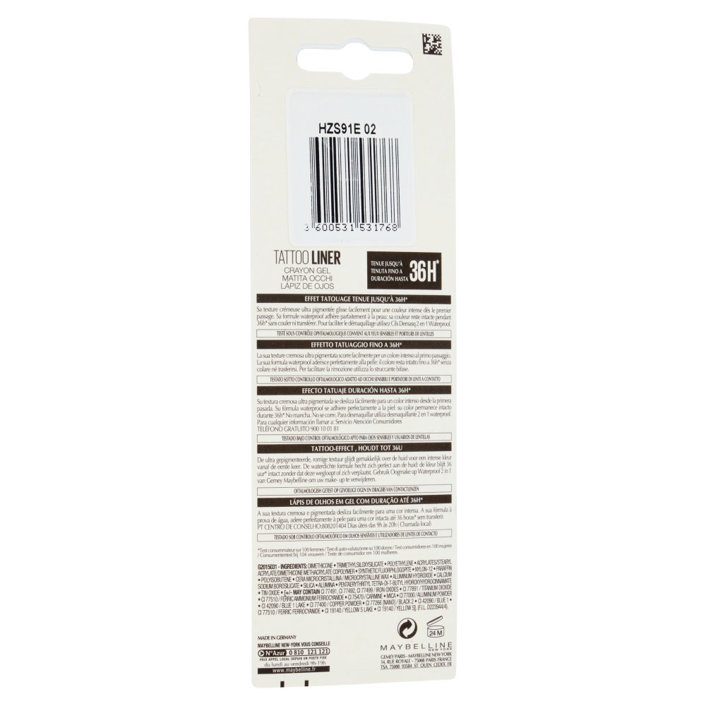 Maybelline New York Matita Occhi Tattoo Liner Gel Pencil, Resiste fino a 36H, 900 Deep Onyx