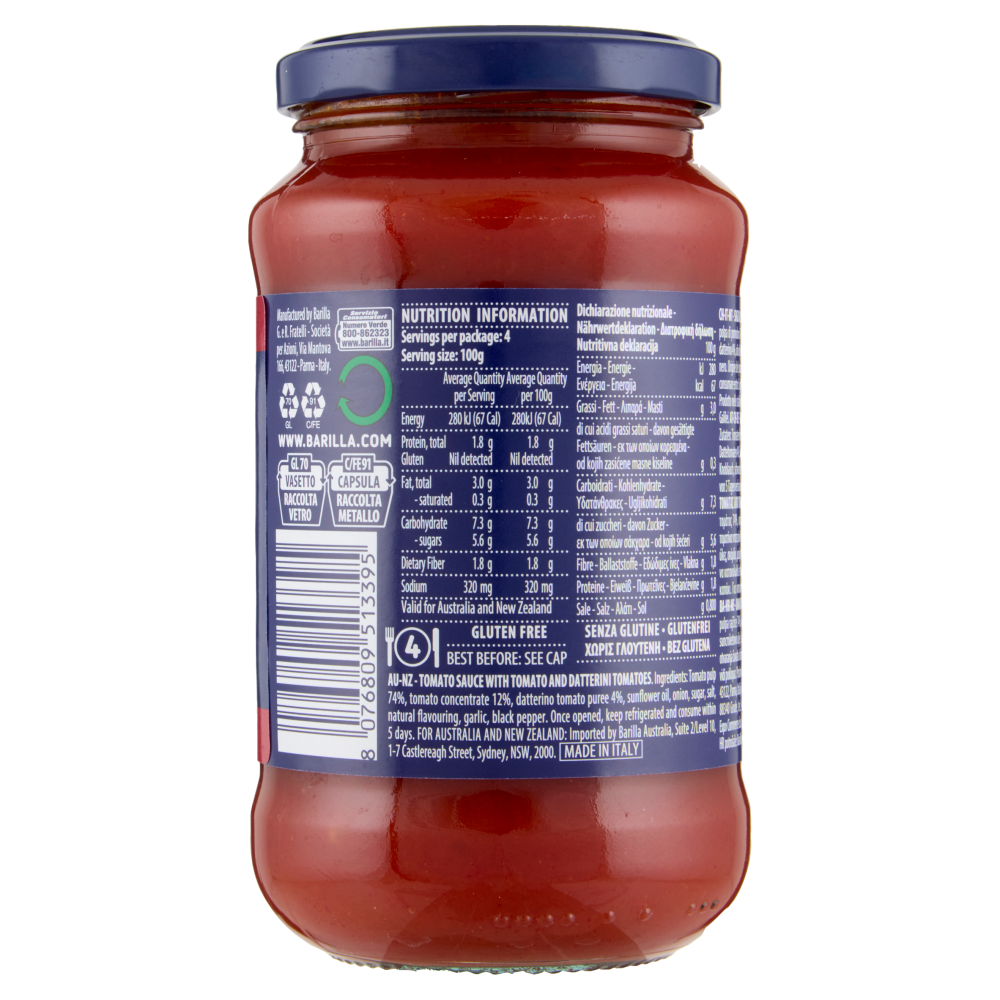 Barilla Sugo Pomodoro e Datterini 100% Pomodoro Italiano Condimento per Pasta 400g