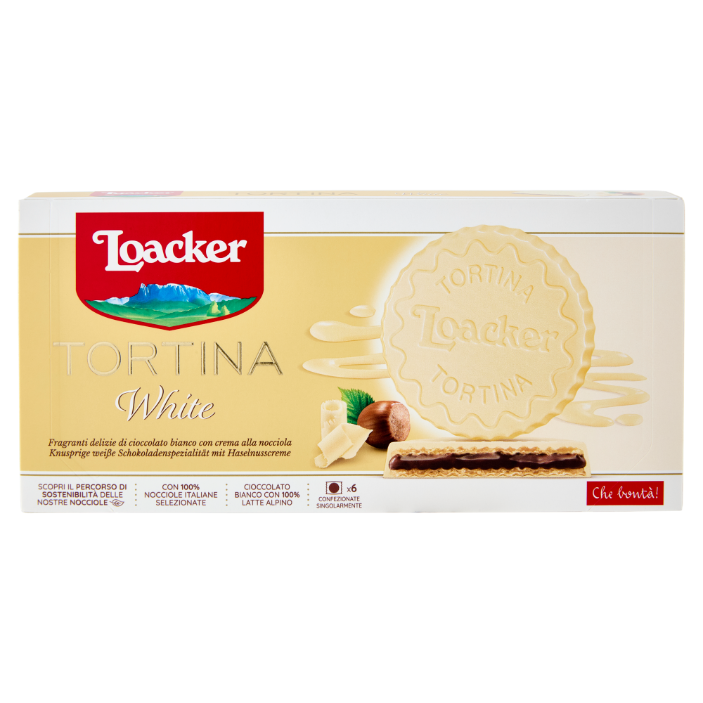 Loacker Tortina White Wafer ricoperto di Cioccolato Bianco con crema Nocciole 100% Italiane 21gx6