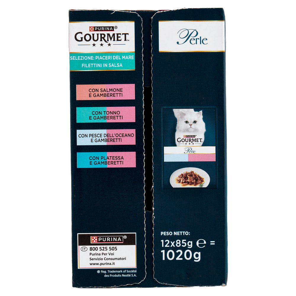PURINA GOURMET Perle Piaceri del Mare Filettini in Salsa Salmone,Pesce Oceano,Tonno,Platessa 12x85g