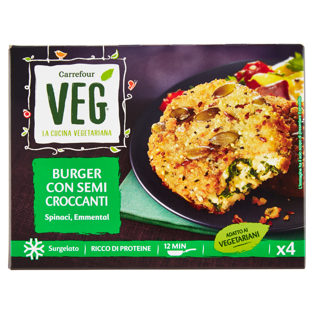 Carrefour Veg Burger con Semi Croccanti Spinaci, Emmental Surgelato 400 g