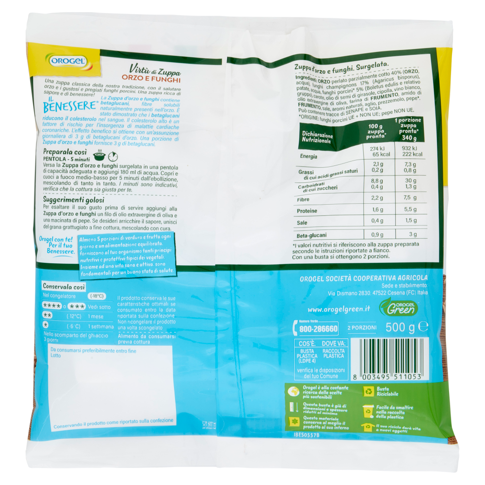 Orogel Il Benessere Virtù di Zuppa Orzo e Funghi Porcini e Champignon Surgelati 500 g