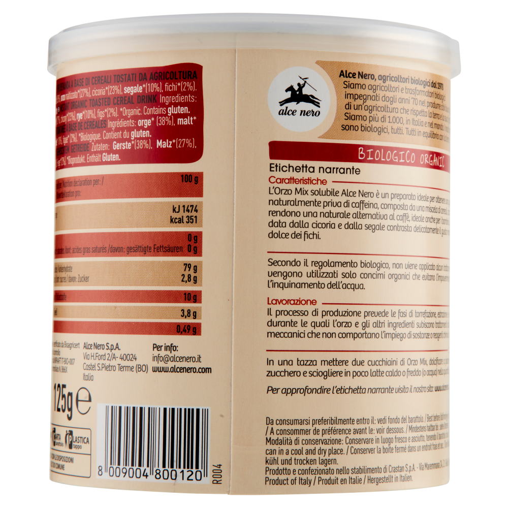 alce nero Orzo Mix Solubile con Cereali, Cicoria e Fichi 125 g