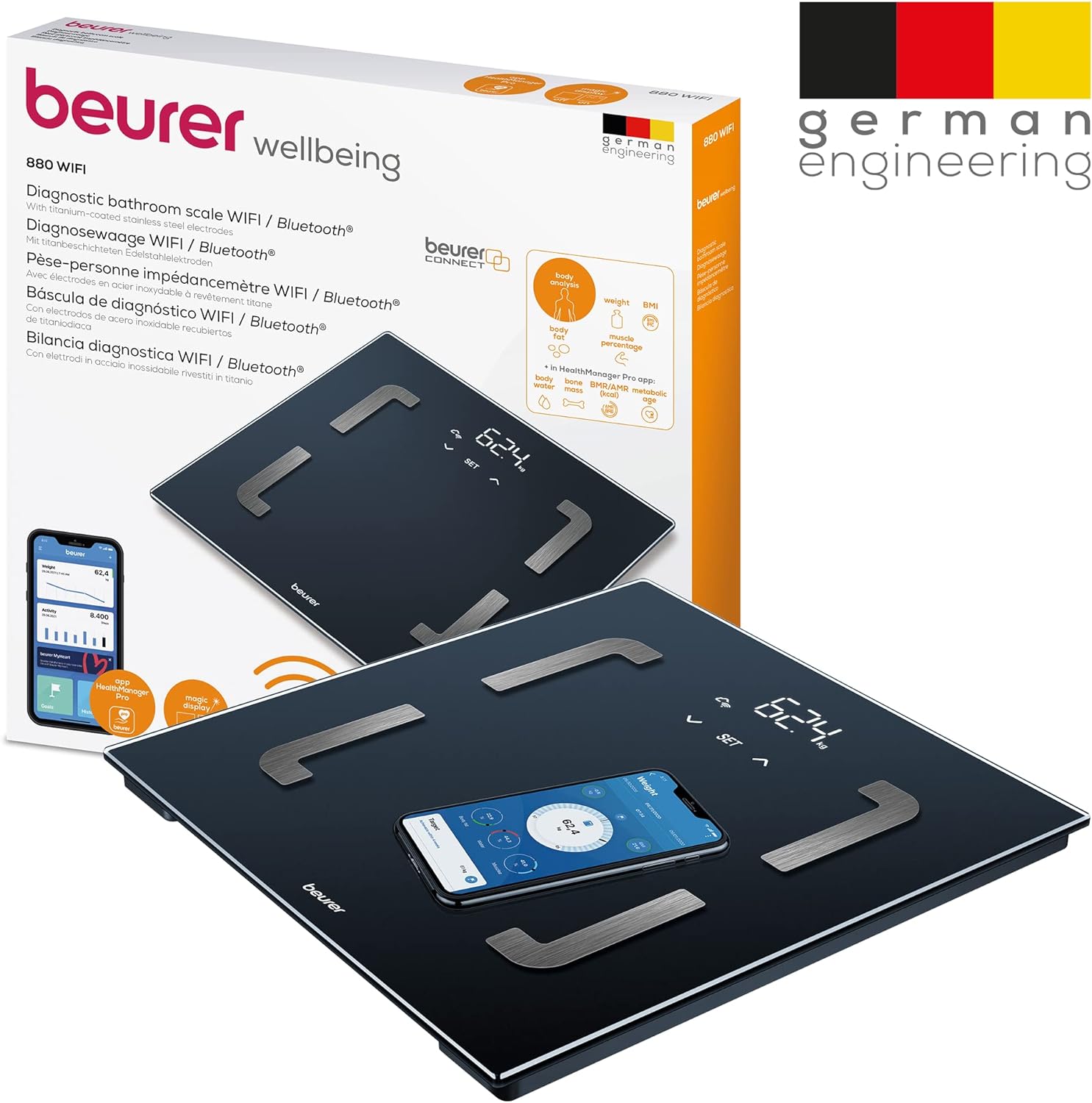 Beurer BF 880 Bilancia diagnostica WIFI e Bluetooth digitale con app, determinazione e analisi dei valori corporei, misurazione della percentuale di grasso corporeo e muscolare, max 180 kg