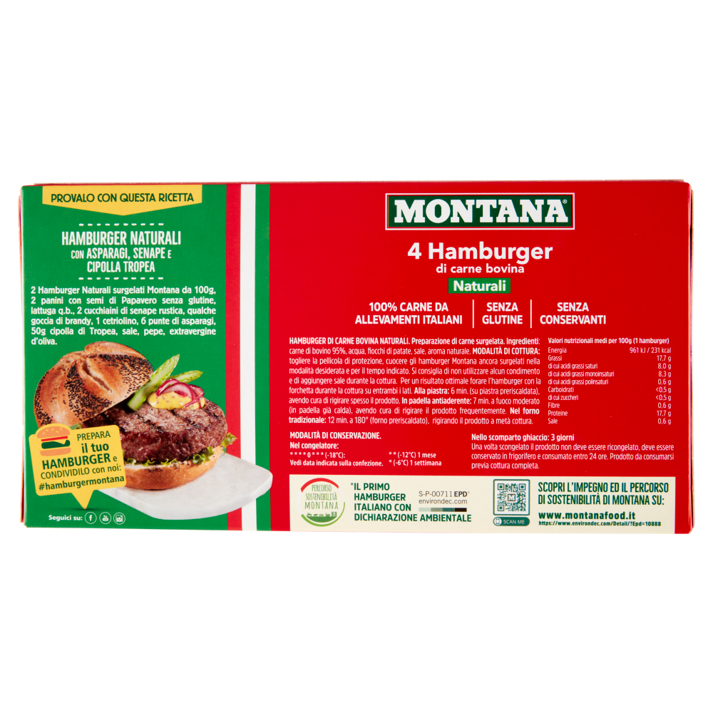 Montana 4 Hamburger di carne bovina Naturali Surgelati 4 x 100 g