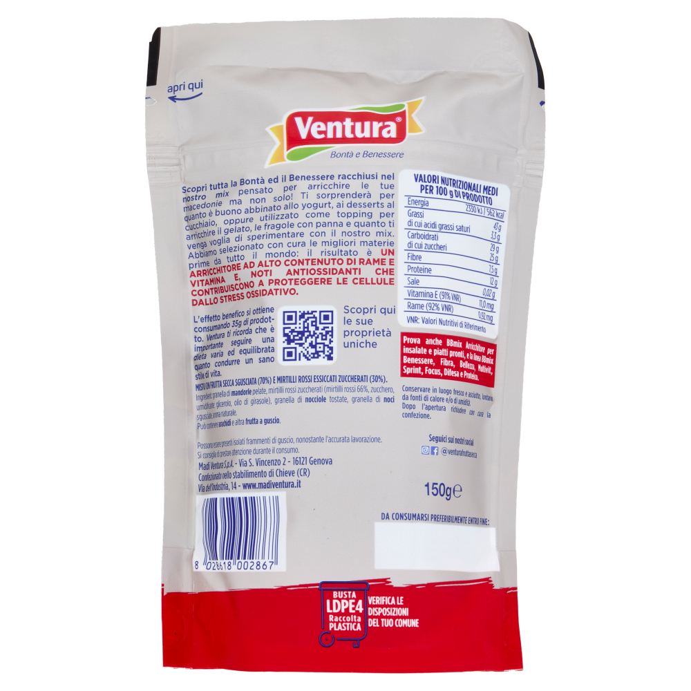 Ventura BBmix per Yogurt macedonie Mix con noci, mandorle, nocciole e cranberry zuccherato 150 g